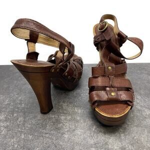 FRYE Dara T Strap Platform Sandals Womens 9 M Brown Leather 5" Wood Heels 73665